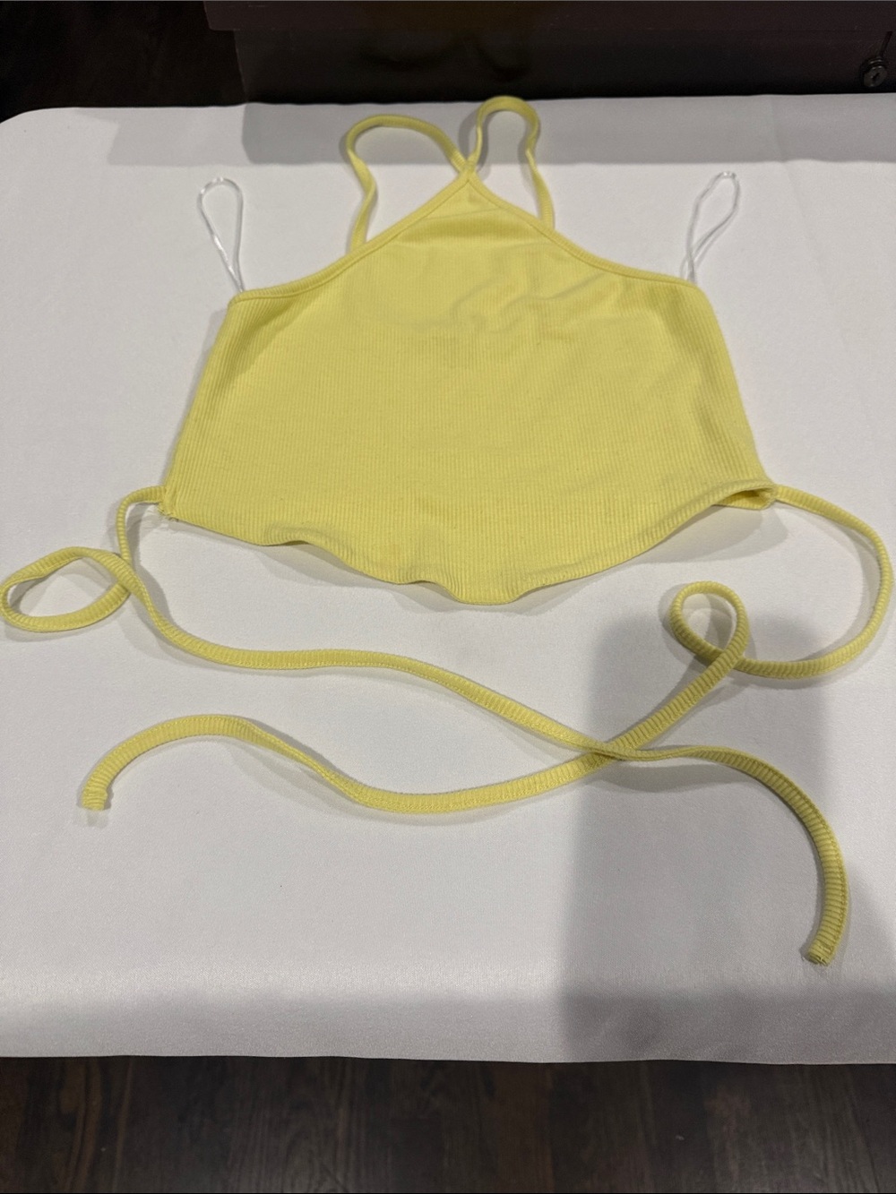 Ribbed Halter Tie-Back Bandeau in Pale Yellow